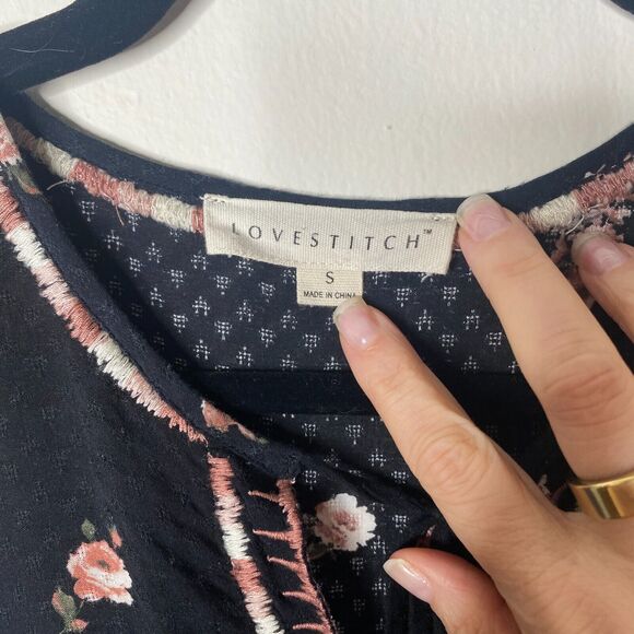 Lovestitch Black Pink White Floral Aztec Front Tie Side Ruffle Sleeveless Top SM - Picture 3 of 11